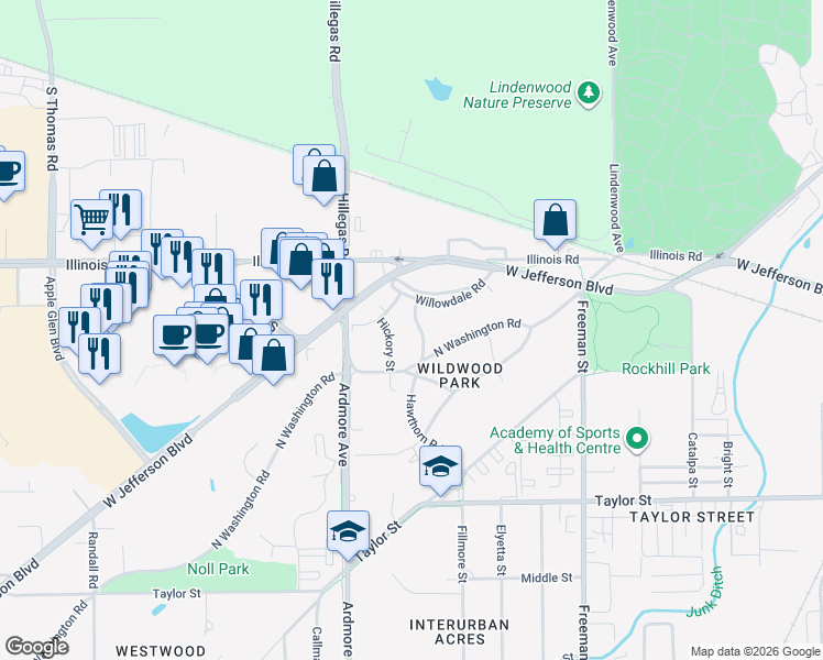map of restaurants, bars, coffee shops, grocery stores, and more near 3623 Mulberry Road in Fort Wayne