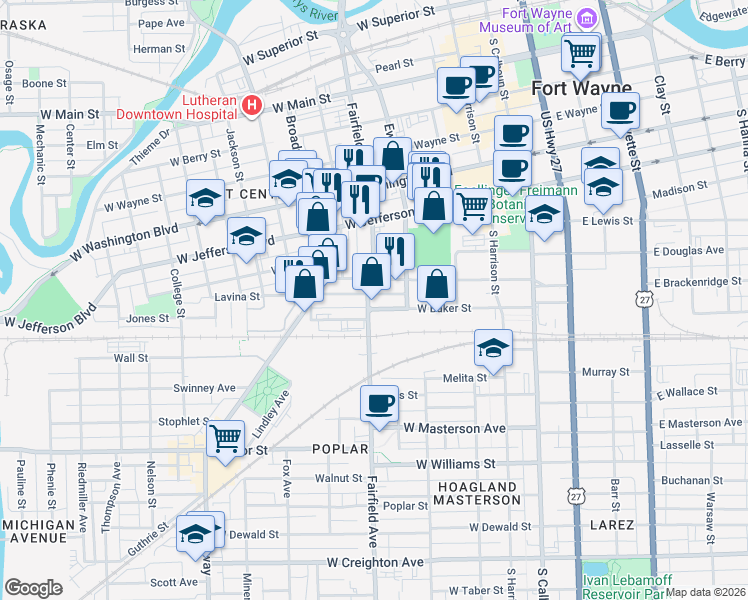 map of restaurants, bars, coffee shops, grocery stores, and more near 419 West Brackenridge Street in Fort Wayne