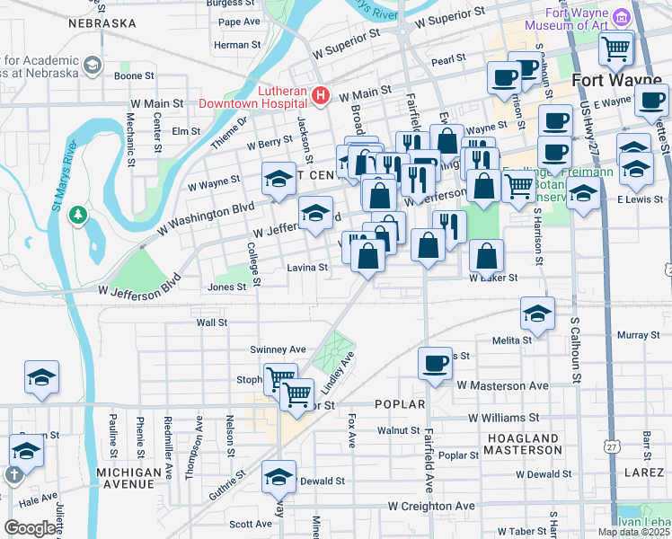map of restaurants, bars, coffee shops, grocery stores, and more near 877 Lavina Street in Fort Wayne