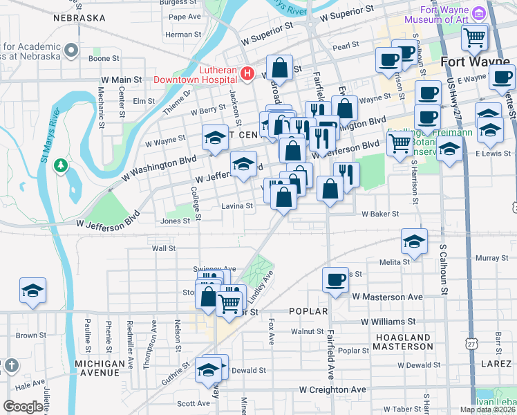 map of restaurants, bars, coffee shops, grocery stores, and more near 877 Lavina Street in Fort Wayne
