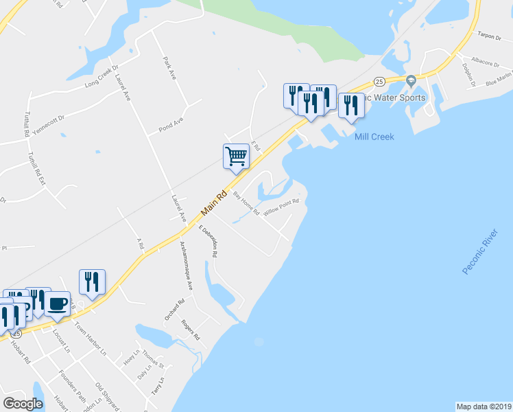 map of restaurants, bars, coffee shops, grocery stores, and more near 535 Bay Home Road in Southold