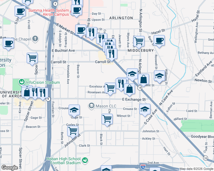 map of restaurants, bars, coffee shops, grocery stores, and more near 777 Excelsior Avenue in Akron