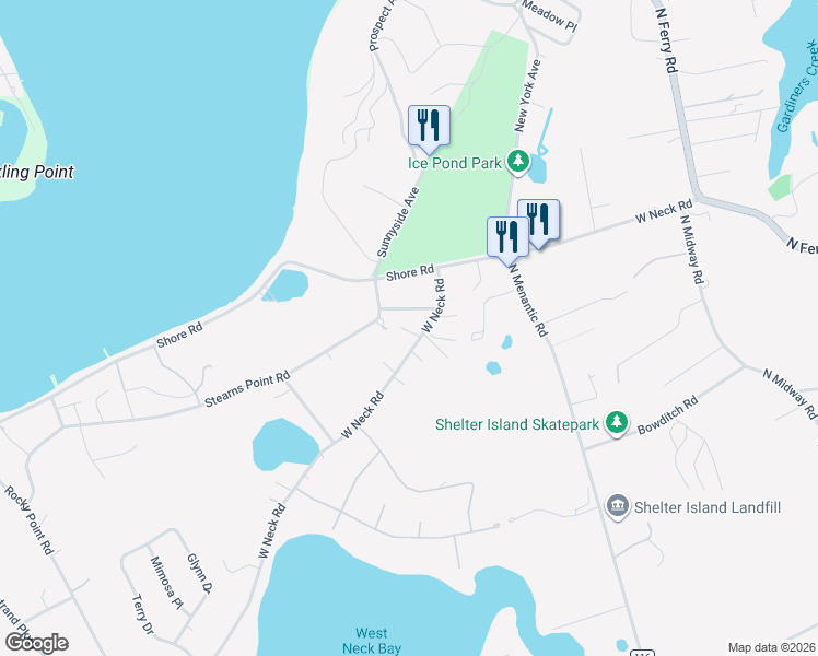 map of restaurants, bars, coffee shops, grocery stores, and more near 54G West Neck Road in Shelter Island Heights