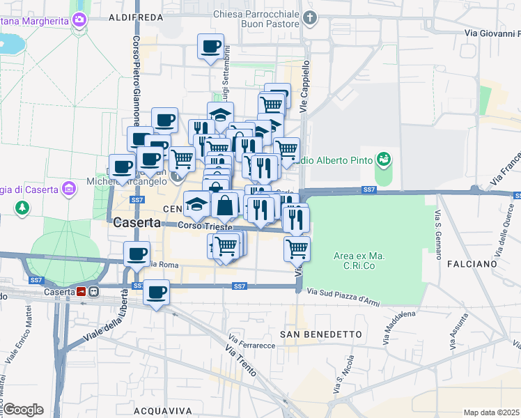 map of restaurants, bars, coffee shops, grocery stores, and more near 19 Via Galileo Galilei in Caserta