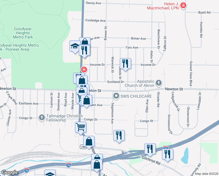 map of restaurants, bars, coffee shops, grocery stores, and more near 2320 Scotland Drive in Akron
