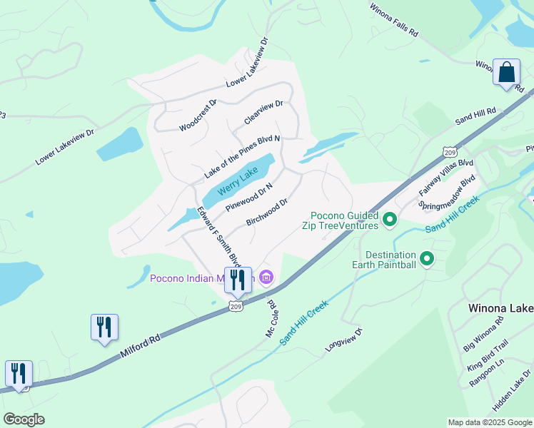 map of restaurants, bars, coffee shops, grocery stores, and more near Birchwood Drive in East Stroudsburg