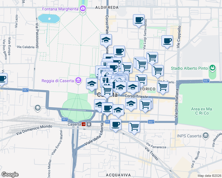 map of restaurants, bars, coffee shops, grocery stores, and more near 21 Via Sant'Agostino in Caserta