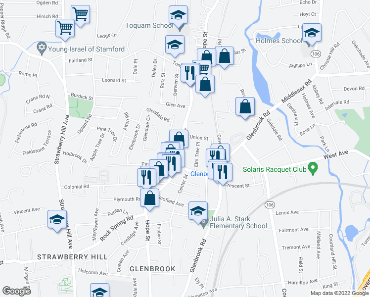 map of restaurants, bars, coffee shops, grocery stores, and more near 380 Hope Street in Stamford
