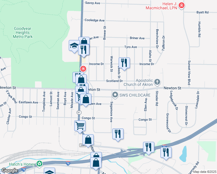 map of restaurants, bars, coffee shops, grocery stores, and more near 2320 Scotland Drive in Akron