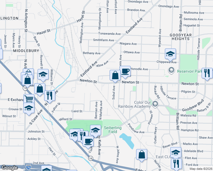 map of restaurants, bars, coffee shops, grocery stores, and more near 1245 Newton Street in Akron