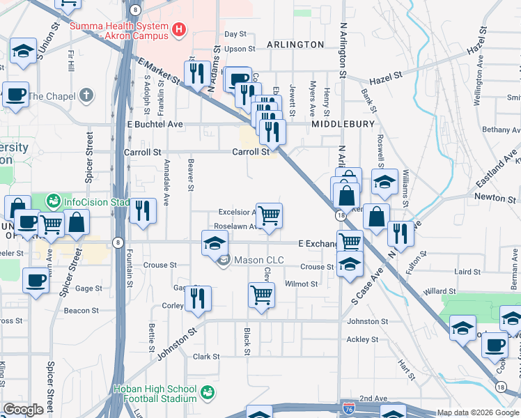 map of restaurants, bars, coffee shops, grocery stores, and more near 777 Excelsior Avenue in Akron