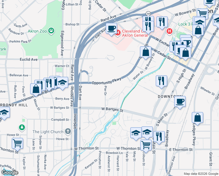 map of restaurants, bars, coffee shops, grocery stores, and more near 254-288 Opportunity Pkwy in Akron