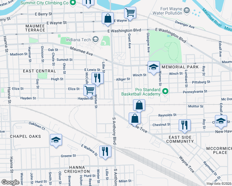 map of restaurants, bars, coffee shops, grocery stores, and more near 1402 South Anthony Boulevard in Fort Wayne