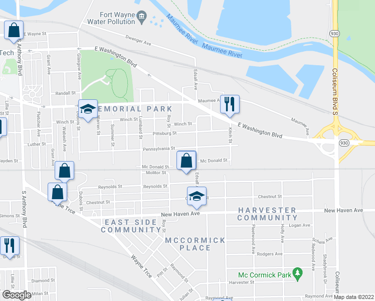 map of restaurants, bars, coffee shops, grocery stores, and more near 2914 Pennsylvania Street in Fort Wayne