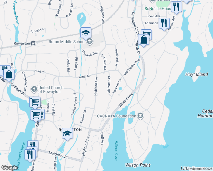 map of restaurants, bars, coffee shops, grocery stores, and more near 10 Old Witch Court in Norwalk
