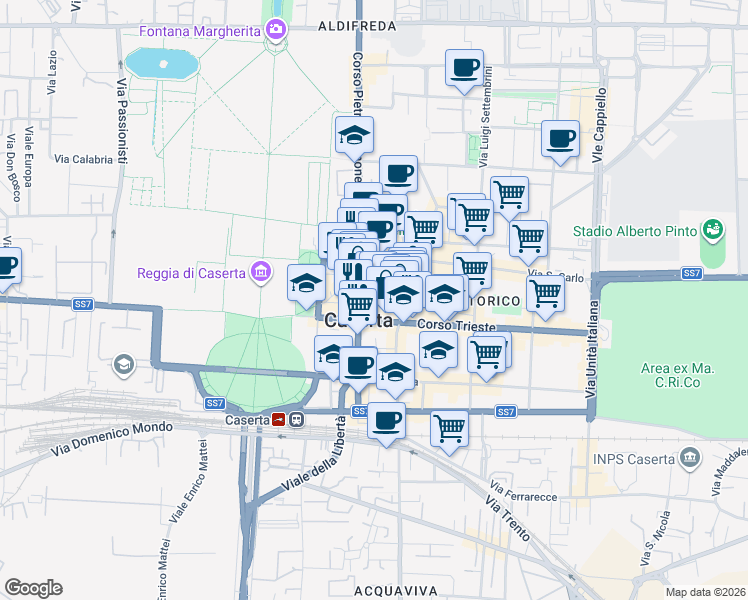 map of restaurants, bars, coffee shops, grocery stores, and more near 21 Via Sant'Agostino in Caserta