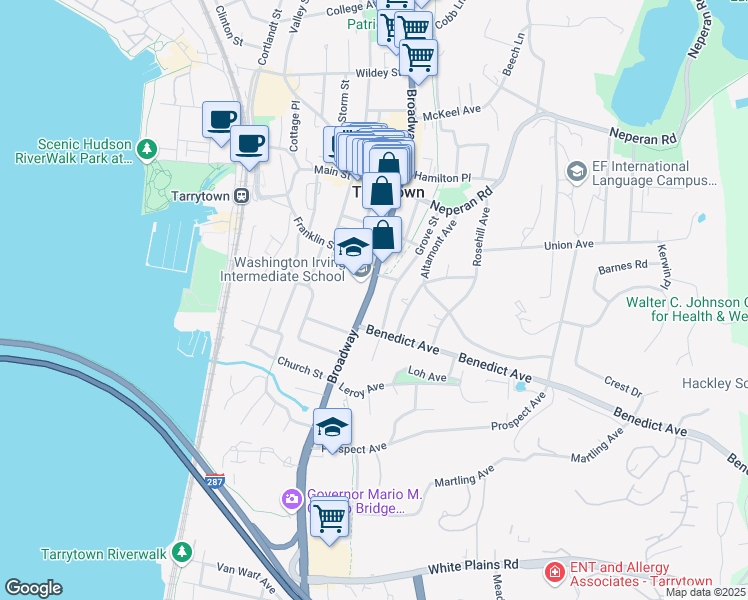 map of restaurants, bars, coffee shops, grocery stores, and more near 104 South Broadway in Tarrytown