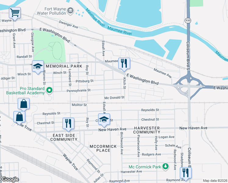 map of restaurants, bars, coffee shops, grocery stores, and more near 3102 Pennsylvania St in Fort Wayne
