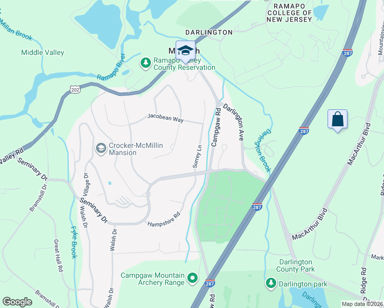 map of restaurants, bars, coffee shops, grocery stores, and more near 10 Surrey Lane in Mahwah