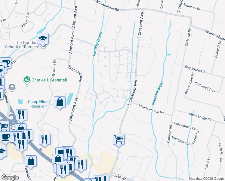 map of restaurants, bars, coffee shops, grocery stores, and more near 160 Surrey Court in Ramsey