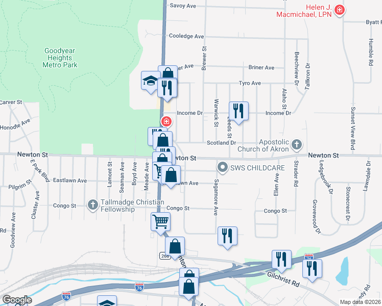 map of restaurants, bars, coffee shops, grocery stores, and more near 2323 Newton Street in Akron