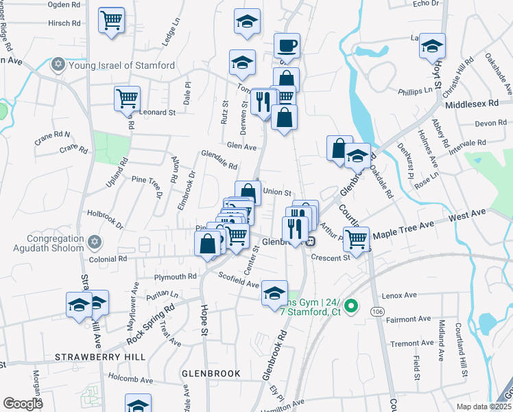 map of restaurants, bars, coffee shops, grocery stores, and more near 380 Hope Street in Stamford