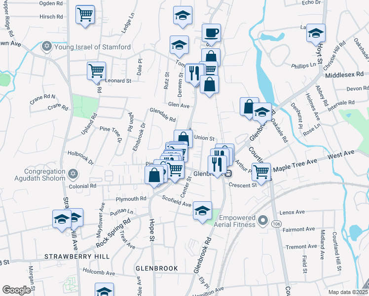 map of restaurants, bars, coffee shops, grocery stores, and more near 380 Hope Street in Stamford