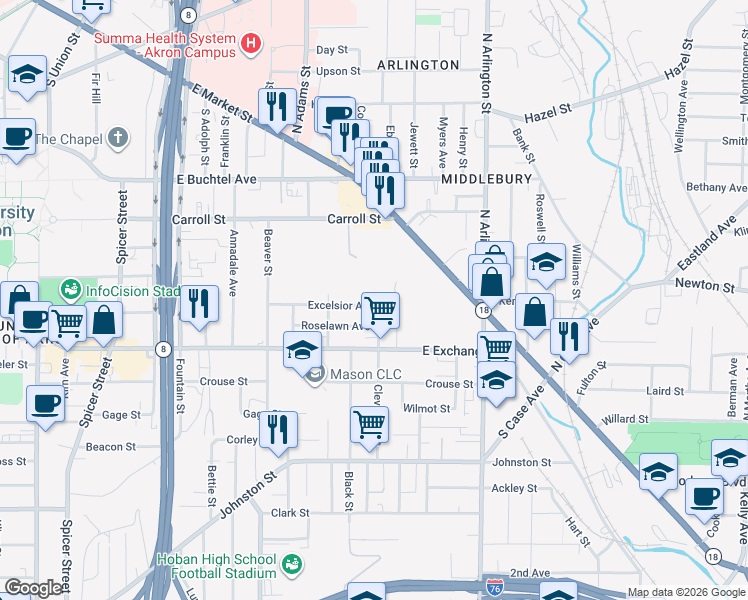 map of restaurants, bars, coffee shops, grocery stores, and more near 777 Excelsior Avenue in Akron