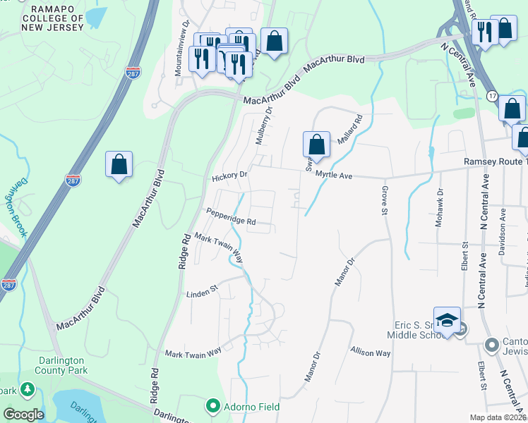 map of restaurants, bars, coffee shops, grocery stores, and more near 806 Sassafras Court in Mahwah