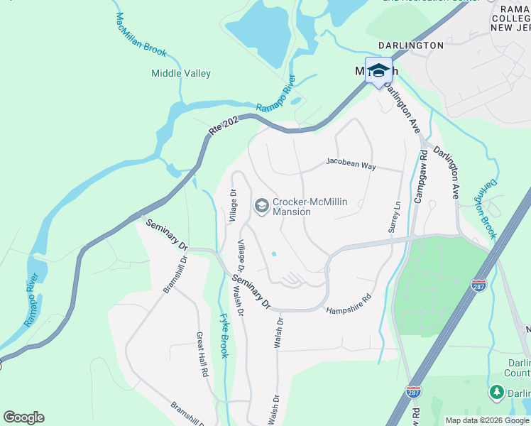 map of restaurants, bars, coffee shops, grocery stores, and more near 32 Village Drive in Mahwah