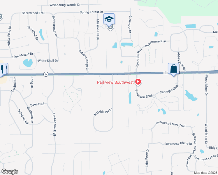 map of restaurants, bars, coffee shops, grocery stores, and more near 1224 East Goldspur Drive in Fort Wayne