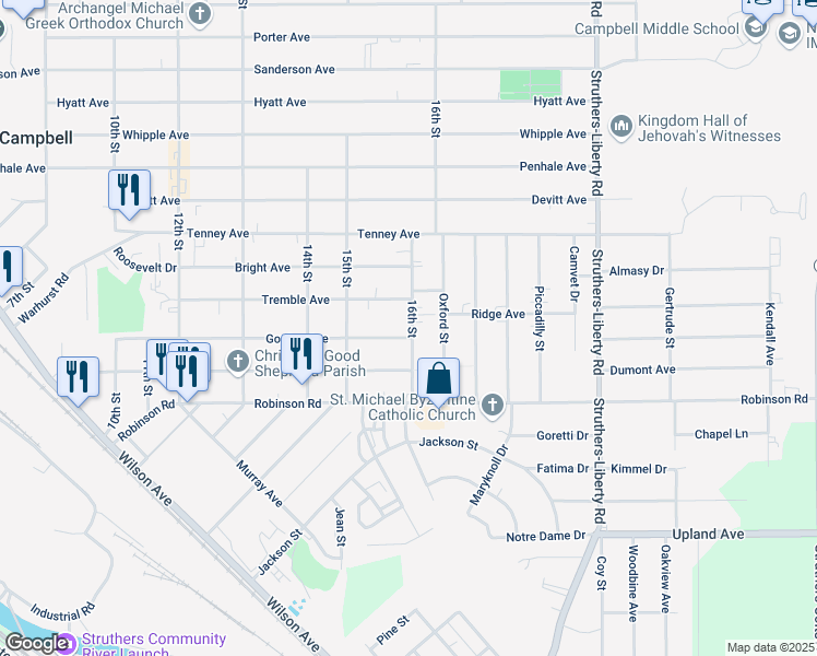map of restaurants, bars, coffee shops, grocery stores, and more near 84 16th St in Campbell