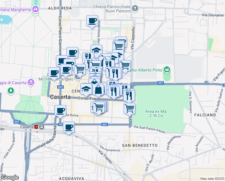map of restaurants, bars, coffee shops, grocery stores, and more near 19 Via Galileo Galilei in Caserta