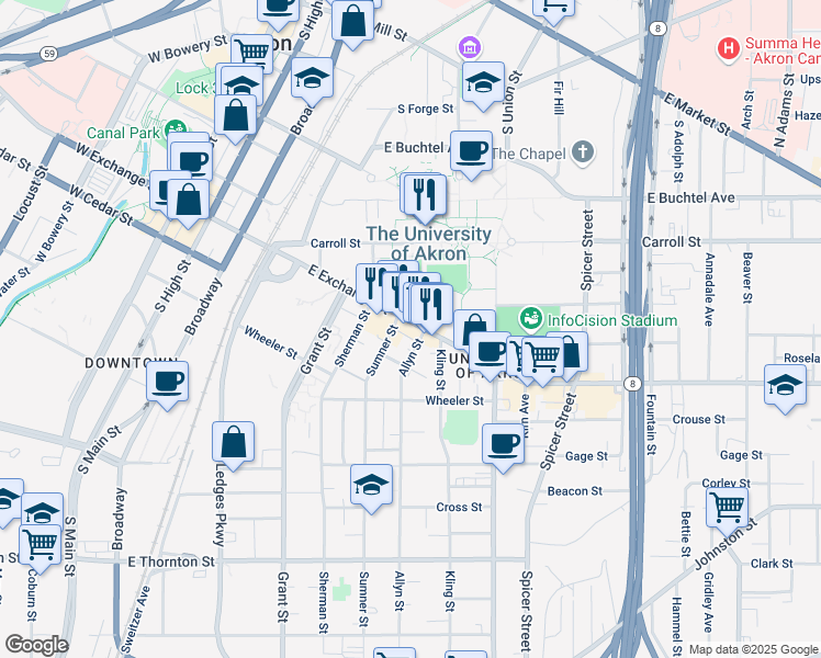 map of restaurants, bars, coffee shops, grocery stores, and more near 282 East Exchange Street in Akron