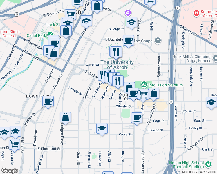 map of restaurants, bars, coffee shops, grocery stores, and more near 335 Sumner Street in Akron