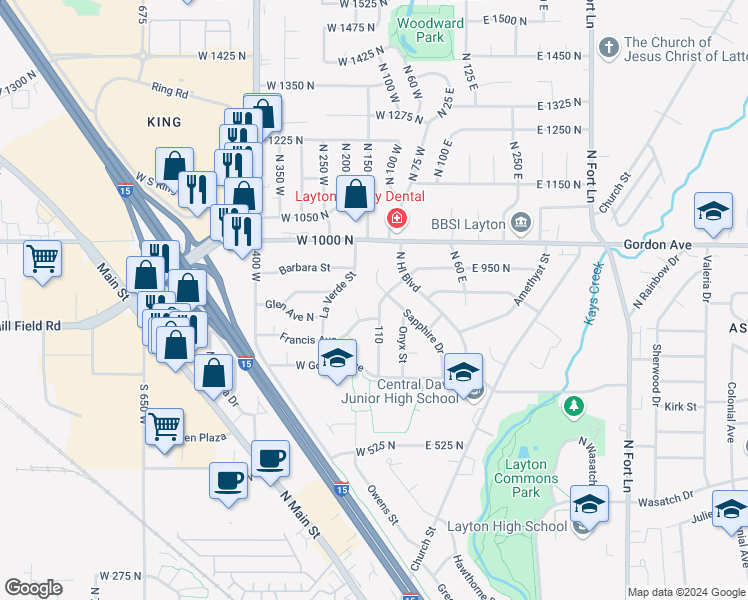 map of restaurants, bars, coffee shops, grocery stores, and more near 879 North Diamond Street in Layton