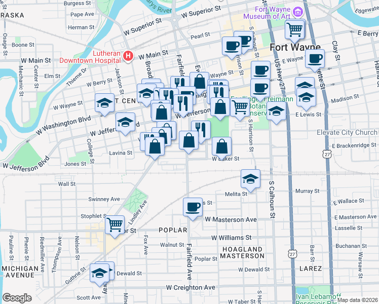 map of restaurants, bars, coffee shops, grocery stores, and more near 419 West Brackenridge Street in Fort Wayne