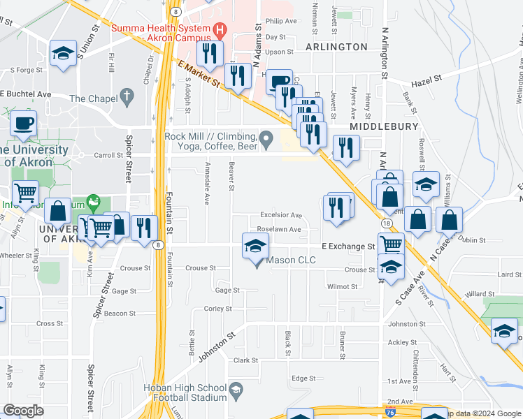 map of restaurants, bars, coffee shops, grocery stores, and more near 707 Excelsior Avenue in Akron