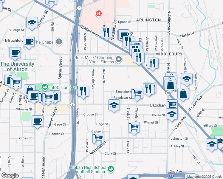map of restaurants, bars, coffee shops, grocery stores, and more near 707 Excelsior Avenue in Akron