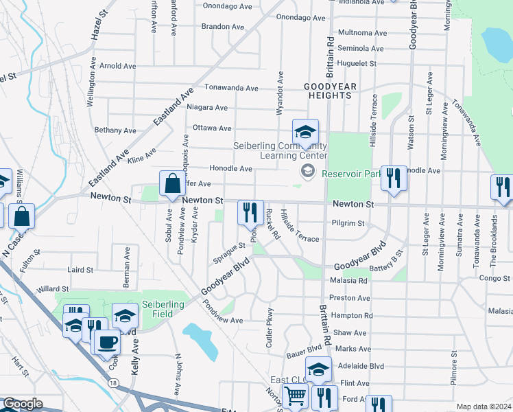 map of restaurants, bars, coffee shops, grocery stores, and more near in Akron