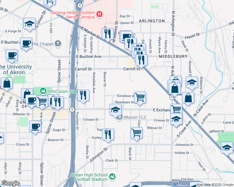 map of restaurants, bars, coffee shops, grocery stores, and more near 707 Excelsior Avenue in Akron
