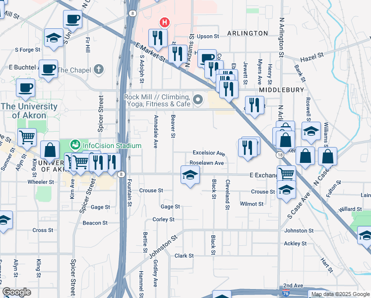 map of restaurants, bars, coffee shops, grocery stores, and more near 675 Excelsior Avenue in Akron