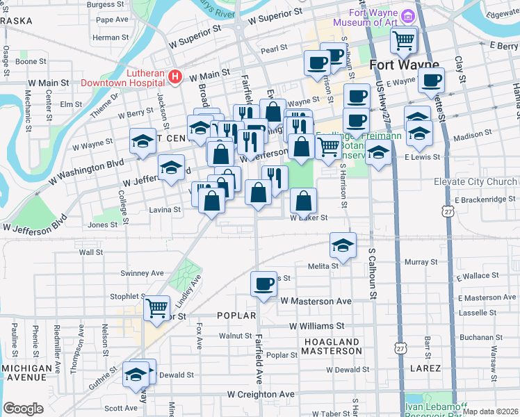 map of restaurants, bars, coffee shops, grocery stores, and more near 419 West Brackenridge Street in Fort Wayne