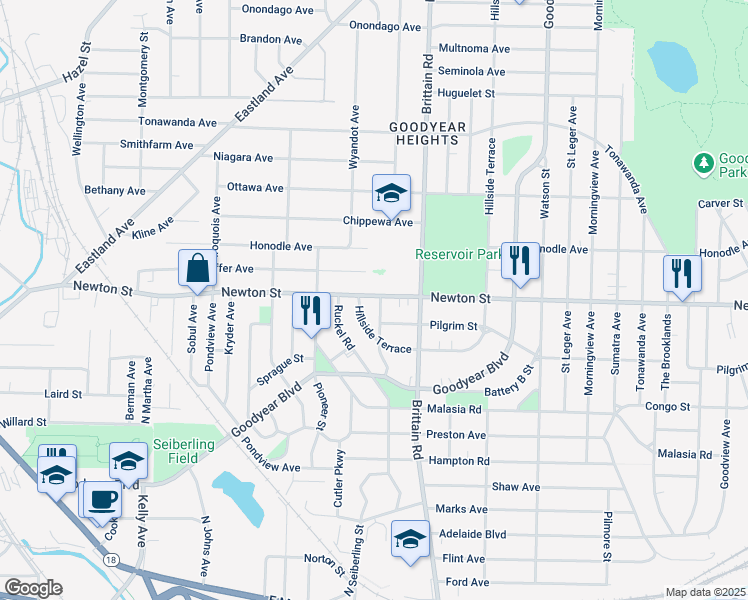 map of restaurants, bars, coffee shops, grocery stores, and more near 382 Litchfield Road in Akron