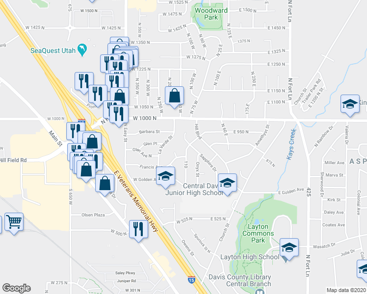 map of restaurants, bars, coffee shops, grocery stores, and more near 879 North Diamond Street in Layton