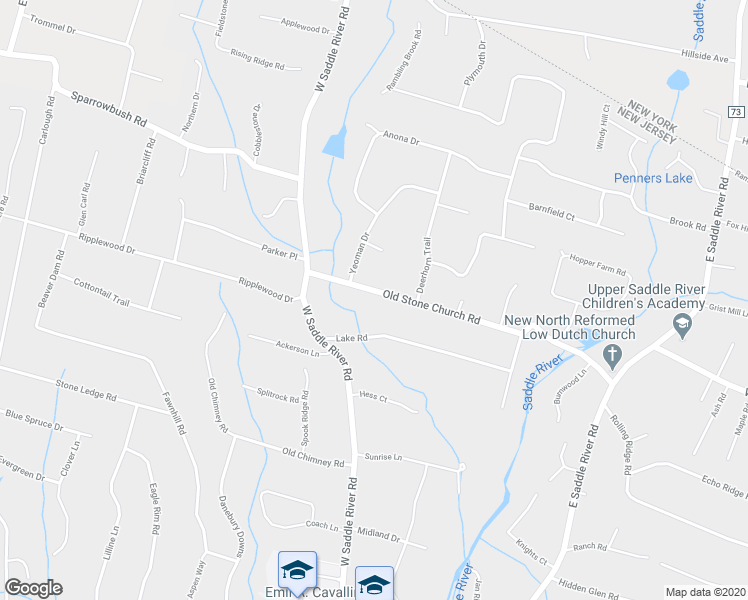 map of restaurants, bars, coffee shops, grocery stores, and more near 20 Old Stone Church Road in Upper Saddle River