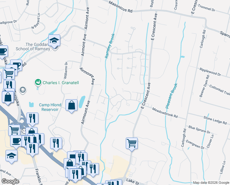 map of restaurants, bars, coffee shops, grocery stores, and more near 154 Surrey Court in Ramsey