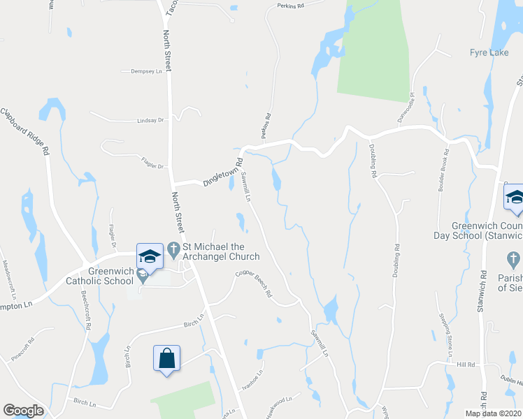 map of restaurants, bars, coffee shops, grocery stores, and more near 73 Sawmill Lane in Greenwich