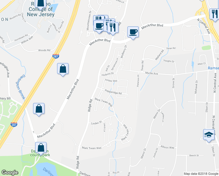 map of restaurants, bars, coffee shops, grocery stores, and more near 902 Tuliptree Court in Mahwah