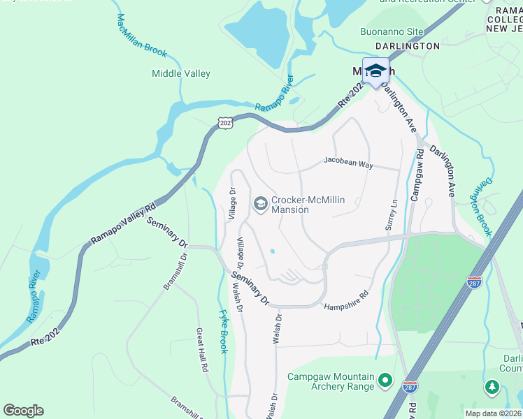 map of restaurants, bars, coffee shops, grocery stores, and more near 32 Village Drive in Mahwah
